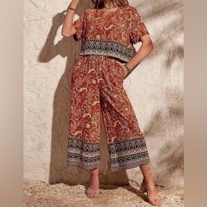NWOT Boho Paisley Wide Leg Jumpsuit | Rust Red | Festival Style